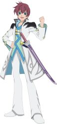 Rule 34 | 1boy, asbel lhant, blue eyes, brown hair, coat, commentary, english commentary, full body, hair between eyes, hand on own hip, highres, long sleeves, looking at viewer, male focus, official art, open mouth, pants, shoes, smile, solo, tales of (series), tales of asteria, tales of graces, transparent background, white coat, white footwear, white pants
