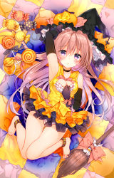 Rule 34 | 1girl, ankle cuffs, arm up, armpits, bare legs, barefoot, black gloves, blush, breasts, broom, brown hair, candy, choker, cleavage, cleavage cutout, clothing cutout, feet, food, frilled panties, frills, gloves, halloween, hat, jack-o&#039;-lantern, long hair, looking at viewer, original, panties, pumpkin, purple eyes, skirt, solo, toes, underwear, witch hat, yadapot