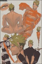 Rule 34 | 1boy, achilles (fate), alternate pectoral size, ass, back, black shirt, blouse, carrot, fate/apocrypha, fate (series), gen yoro, green hair, grey background, male focus, muscular, naked ribbon, orange ribbon, ribbon, shirt, short hair, simple background, sitting, skindentation, solo, surprised