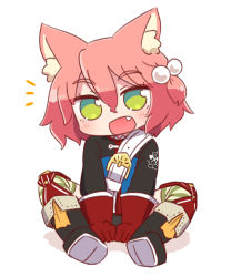 Rule 34 | 1girl, 7th dragon, 7th dragon (series), :d, animal ear fluff, animal ears, belt, belt buckle, between legs, bike shorts, black footwear, black shorts, blue jacket, blush, boots, buckle, cat ears, commentary request, fang, fighter (7th dragon), full body, gloves, green eyes, hair between eyes, hair bobbles, hair ornament, hand between legs, harukara (7th dragon), highres, jacket, knee boots, long sleeves, looking at viewer, naga u, notice lines, one side up, open mouth, pink hair, red gloves, shadow, short shorts, shorts, simple background, sitting, smile, solo, spread legs, striped clothes, striped thighhighs, thighhighs, thighhighs under boots, white background, white belt