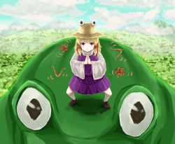 Rule 34 | 1girl, animal, blonde hair, blouse, blue eyes, blue sky, brown footwear, closed mouth, cloud, commentary request, cookie (touhou), day, frog, full body, haiperion buzan, hair ribbon, hat, kaibara elena (cookie), long sleeves, looking at viewer, medium hair, moriya suwako, mountain, naruto, naruto (series), open mouth, outdoors, oversized animal, own hands together, parody, purple skirt, purple vest, red ribbon, ribbon, sennin mode, shirt, shoes, skirt, skirt set, sky, solo, touhou, turtleneck, vest, white legwear, white shirt, wide sleeves, yellow hat