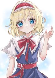 Rule 34 | 1girl, absurdres, alice margatroid, blonde hair, blue dress, blue eyes, blush, capelet, closed mouth, dress, hairband, highres, jewelry, kayon (touzoku), lolita hairband, puppet rings, red hairband, ring, short hair, short sleeves, solo, touhou, white capelet