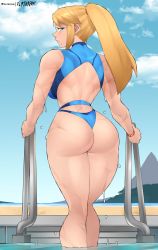 Rule 34 | 1girl, adapted costume, artist name, ass, back, bikini, blonde hair, blue bikini, blue eyes, breasts, flytrapxx, from behind, highres, huge ass, large breasts, long hair, looking at viewer, looking back, metroid, mole, mole under mouth, muscular, muscular female, nintendo, ponytail, pool, samus aran, sideboob, sky, solo, swimsuit, tankini, thick thighs, thighs, toned, water, wet