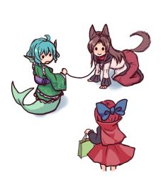 Rule 34 | . ., 3girls, :&gt;, :o, all fours, animal ears, bag, blue hair, bow, brown hair, capelet, chibi, collar, fins, hair bow, head fins, imaizumi kagerou, japanese clothes, kimono, leash, mermaid, monster girl, multiple girls, pet play, red hair, sekibanki, shirt, shopping bag, simple background, skirt, solid circle eyes, tail, terrajin, touhou, wakasagihime, walk-in, werewolf, wolf ears, wolf tail