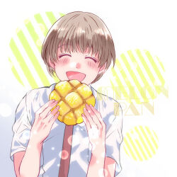 Rule 34 | 1boy, :d, blush, bread, brown hair, closed eyes, eating, english text, facing viewer, food, happy, highres, male focus, melon bread, necktie, open mouth, original, red necktie, sazanami mikoto, shirt, short hair, simple background, smile, upper body, white shirt
