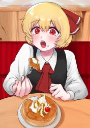 Rule 34 | 1girl, ascot, black vest, blonde hair, cherry, collared shirt, commentary request, cream, dessert, eating, food, fork, fruit, hair ribbon, highres, holding, holding fork, open mouth, plate, red ascot, red eyes, red ribbon, ribbon, rumia, shiro-noir, shirt, short hair, solo, touhou, vest, white shirt, yomogi 0001