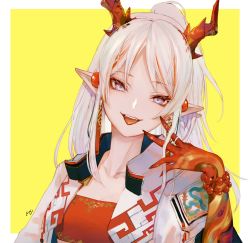 Rule 34 | 1girl, arknights, artist logo, bandeau, bead bracelet, beads, blue eyes, bracelet, breasts, colored skin, commentary, dragon horns, earrings, eyelashes, fangs, hand to own mouth, horns, jacket, jewelry, long hair, looking at viewer, medium breasts, multicolored hair, nian (arknights), nido celisius, open clothes, open jacket, open mouth, parted bangs, pointy ears, ponytail, red eyes, red hair, red skin, silver hair, simple background, smile, solo, strapless, streaked hair, tassel, tassel earrings, tongue, tube top, two-tone hair, upper body, white jacket, yellow background