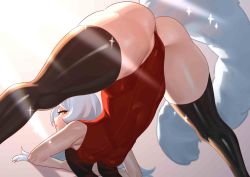 Rule 34 | 1girl, absurdres, ass, bad id, bad twitter id, black thighhighs, commission, copyright request, feet out of frame, from behind, hands on ground, highres, jack-o&#039; challenge, leotard, looking back, meme, nia (nia4294), profile, red leotard, shadow, solo, sparkle, spread legs, stretching, tail, thighhighs, top-down bottom-up, wide spread legs, yellow eyes