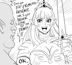 Rule 34 | 1boy, 1girl, :d, bait and switch, bb (baalbuddy), breasts, cleavage, crown, dark-skinned male, dark skin, elf, emphasis lines, english text, female knight, gauntlets, greyscale, highres, hime cut, knight, large breasts, long hair, looking at viewer, monochrome, open mouth, orc, original, pointy ears, princess, smile