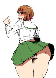Rule 34 | 1girl, ass, blush, brown hair, censored, clothes lift, from behind, girls und panzer, hand up, looking back, mimuni362, nishizumi miho, ooarai school uniform, pussy, school uniform, short hair, skirt, skirt lift, solo, sweat, white background, wind, wind lift