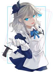 Rule 34 | 1girl, apron, blue dress, blue eyes, blue ribbon, chamaruk, commentary request, dress, frilled apron, frills, gloves, grey hair, highres, holding, holding knife, izayoi sakuya, knife, long sleeves, looking at viewer, maid, maid apron, neck ribbon, open mouth, ribbon, sidelocks, solo, touhou, white apron, white gloves, wrist cuffs