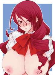 Rule 34 | 1girl, ascot, atlus, blush, bow, breasts, breasts out, female focus, hair over one eye, highres, huge breasts, kirijou mitsuru, large breasts, long hair, nipples, open clothes, open shirt, persona, persona 3, red eyes, red hair, revealing clothes, school uniform, shin megami tensei, shirt, solo, sweat