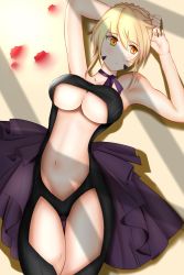 Rule 34 | 1girl, arms up, artist request, artoria pendragon (fate), artoria pendragon (lancer alter) (fate), blonde hair, blush, braid, breasts, cleavage, collarbone, cowboy shot, crown braid, embarrassed, fate/grand order, fate (series), highleg, highleg leotard, highres, large breasts, leotard, looking to the side, lying, midriff, navel, on back, saber (fate), saber alter, stomach, yellow eyes