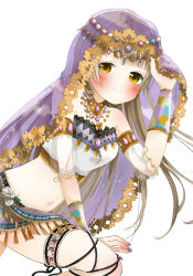 Rule 34 | 1girl, arabian clothes, armlet, artist name, artist request, bandeau, bare legs, bare shoulders, blush, bracelet, breasts, brown eyes, brown hair, choker, cleavage, collarbone, cross-laced clothes, cross-laced legwear, dancer, earrings, female focus, flower, grey hair, highres, jewelry, light brown hair, long hair, looking at viewer, love live!, love live! school idol festival, love live! school idol project, mayu (pixiv56659042), mayu illust, medium breasts, midriff, minami kotori, nail polish, nails, navel, necklace, parted lips, purple flower, purple nails, purple skirt, ribbon-trimmed legwear, ribbon trim, see-through, skirt, smile, solo, star (symbol), thighlet, veil, white background, yellow eyes