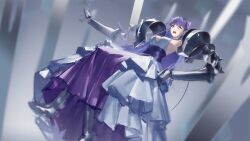 Rule 34 | 1girl, absurdres, amputee, armless amputee, armor, breasts, cleavage, double amputee, dress, flower, gauntlets, hair flower, hair ornament, highres, large breasts, long dress, long hair, looking at viewer, open mouth, pauldrons, pink flower, purple eyes, purple hair, purple sash, qiongsheng, ragna crimson, rayman limbs, sash, shoulder armor, sideboob, solo, starlia lese, teeth, tongue, upper teeth only, white dress