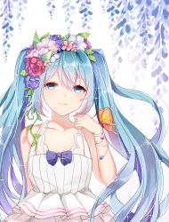 1848066491 1girl absurdres aqua_eyes aqua_hair bug butterfly chuor_(chuochuoi) female_focus flower hair_flower hair_ornament hatsune_miku highres insect long_hair looking_at_viewer solo twintails upper_body vocaloid