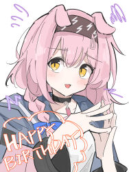 Rule 34 | 1girl, animal ears, arknights, black hairband, blue bow, blue jacket, blush, bow, braid, cat ears, cat girl, enunomiya, floppy ears, goldenglow (arknights), hair between eyes, hair bow, hair ornament, hairband, hairclip, happy birthday, highres, jacket, lightning bolt print, long sleeves, looking at viewer, multicolored clothes, multicolored jacket, open clothes, open jacket, open mouth, pink hair, pink jacket, shirt, solo, squiggle, steepled fingers, two-tone jacket, upper body, white shirt, yellow eyes