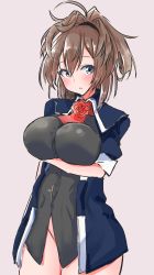 Rule 34 | 1girl, absurdres, ascot, blue eyes, blush, breasts, brown hair, buttons, closed mouth, contrapposto, flower, grey background, groin, hair between eyes, highres, kantai collection, komb, long hair, long sleeves, medium breasts, military, military uniform, navel, no panties, pleated skirt, red ascot, red flower, red rose, rose, sheffield (kancolle), simple background, skirt, solo, standing, uniform, white skirt