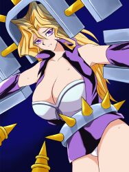 Rule 34 | blonde hair, breasts, cleavage, electricity, electrodes, electrostimulation, highres, jacket, kujaku mai, large breasts, leather, leather jacket, leather skirt, long hair, milkcarton man, panties, purple eyes, purple skirt, restrained, scared, shiny clothes, skirt, thick thighs, thighs, torture, underwear, white panties, yu-gi-oh!, yu-gi-oh! duel monsters