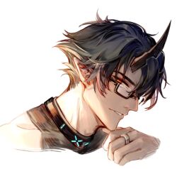 Rule 34 | 1boy, arknights, bespectacled, black hair, black shirt, bright pupils, collar, cropped shoulders, demon boy, demon horns, flamebringer (arknights), glasses, hair between eyes, hand on own chin, horns, imoko (imonatsuki), looking at viewer, male focus, orange eyes, pointy ears, red eyes, shirt, short hair, sideways glance, simple background, solo