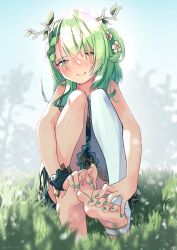 Rule 34 | 1girl, anklet, antlers, barefoot, blue dress, blush, braid, branch, ceres fauna, dress, fingers interlocked with toes, flower, grass, green hair, green nails, hair flower, hair ornament, hair over one eye, hands on feet, highres, hololive, hololive english, horns, jewelry, kiirokuma, leaf, looking at viewer, nail polish, side ponytail, sleeveless, sleeveless dress, smile, soles, solo, squinting, stirrup legwear, thighhighs, toeless legwear, toenail polish, toenails, toes, tree, virtual youtuber, yellow eyes