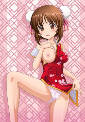 Rule 34 | 1girl, bare shoulders, blush, breasts, breasts out, brown eyes, brown hair, cameltoe, china dress, chinese clothes, commission, covered navel, double bun, dress, girls und panzer, hair bun, highres, lifting own clothes, medium breasts, nipples, nishizumi miho, no bra, one breast out, open mouth, panties, pixiv commission, shiny skin, short hair, solo, tooo, underwear, white panties