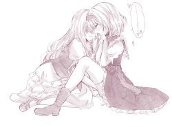 Rule 34 | 2girls, alice margatroid, bad id, bad pixiv id, blush, boots, capelet, closed eyes, closed mouth, covering own mouth, dress, frilled dress, frills, hair between eyes, heart, implied fingering, kirisame marisa, long hair, monochrome, multiple girls, nanase nao, puffy short sleeves, puffy sleeves, shoes, short sleeves, simple background, sitting, suggestive fluid, tongue, tongue out, touhou, very long hair, wariza, white background, yuri