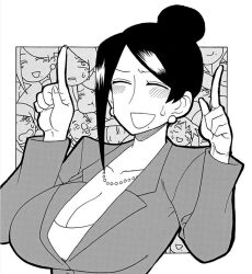 Rule 34 | arched back, asymmetrical bangs, bijin onna joushi takizawa-san, black hair, blazer, blush, breasts, cleavage, closed eyes, collarbone, earrings, female focus, formal, hair bun, hands up, jacket, jewelry, large breasts, long bangs, long sleeves, mole, mole under mouth, multiple views, necklace, open mouth, parted bangs, plunging neckline, pointing, smile, standing, suit, suit jacket, sweat, sweatdrop, takeda kouta, takizawa kyouko, undershirt, upper body, yan-baru