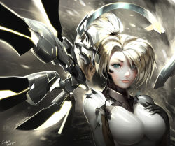 Rule 34 | 1girl, alternate wing color, armor, artist name, black wings, blonde hair, blue eyes, bodysuit, breasts, dark background, dated, glowing, glowing wings, grey background, hair over one eye, hair tie, halo, hand on own chest, high ponytail, highres, janyhero, large breasts, light particles, light smile, lips, looking at viewer, mechanical halo, mechanical wings, mercy (overwatch), nose, overwatch, overwatch 1, pink lips, shiny clothes, signature, solo, spread wings, upper body, wings