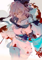 Rule 34 | 1girl, black bow, blood, blood on clothes, blood on face, bow, breasts, detached sleeves, fate/grand order, fate (series), garter straps, hair bow, japanese clothes, katana, kimono, looking at viewer, medium breasts, messy hair, obi, okita souji (fate), okita souji (koha-ace), pink hair, rei (sanbonzakura), running, sash, solo, sword, thighhighs, weapon, yellow eyes