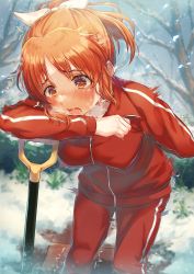 Rule 34 | 1girl, :o, abe nana, absurdres, arm behind back, arm rest, blush, bow, breasts, breath, cold, feet out of frame, hair bow, highres, idolmaster, idolmaster cinderella girls, idolmaster cinderella girls starlight stage, jacket, looking afar, medium breasts, orange hair, outdoors, pain, pants, red jacket, red pants, short ponytail, shovel, solo, tearing up, trembling, wari sando, wavy mouth