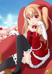 Rule 34 | 1girl, armchair, asahina momoko, bad id, bad pixiv id, bare shoulders, black thighhighs, bow, brown hair, chair, detached collar, elbow gloves, flower, girlfriend (kari), gloves, hair bow, hair ribbon, kashiwagi nagomu, long hair, looking at viewer, open mouth, paw pose, red eyes, ribbon, side ponytail, sitting, solo, thighhighs, white gloves