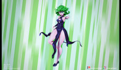 Rule 34 | 1girl, 3d, alternate costume, armpits, bare shoulders, black dress, blush, breasts, bridal gauntlets, cleavage cutout, clothing cutout, curly hair, dress, floating, full body, green eyes, green hair, highres, legs, looking at viewer, medium breasts, navel, one-punch man, open mouth, short hair, solo, tatsumaki, thick thighs, thighs, zy0n7