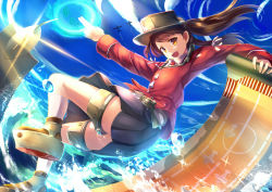 Rule 34 | 10s, 1girl, aircraft, airplane, blue fire, blush, brown eyes, brown hair, day, fire, flat chest, hat, highres, japanese clothes, kantai collection, kariginu, long hair, long sleeves, looking at viewer, magatama, onmyouji, open mouth, outdoors, personification, ryuujou (kancolle), sakura ani, scroll, shikigami, skirt, smile, solo, sunlight, twintails, visor cap, water
