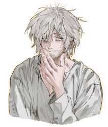 Rule 34 | 1boy, beard stubble, closed mouth, dungeon meshi, facial hair, grey hair, grey shirt, hair over one eye, hand up, laios touden, looking at viewer, male focus, messy hair, mustache stubble, shirt, short hair, simple background, solo, stubble, upper body, wawa (wawawa0080), white background, yellow eyes