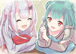 Rule 34 | 2girls, :d, bare shoulders, blush, brown shirt, collarbone, commentary request, double bun, facing another, green hair, grey hair, grey shirt, hair bun, hand up, highres, hilamaru, hololive, horns, hugging object, index finger raised, long sleeves, looking at another, multicolored hair, multiple girls, nakiri ayame, off shoulder, oni, open mouth, pillow, pillow hug, red eyes, red hair, shirt, skin-covered horns, smile, streaked hair, two side up, uruha rushia, virtual youtuber