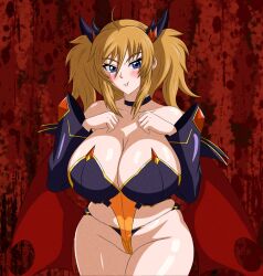 1girl alternate_costume blonde_hair breasts cheek_bulge cosplay curvy demon_girl demon_girl_(cosplay) halloween_costume highleg highleg_leotard highres huge_breasts leotard long_hair looking_at_viewer official_alternate_costume onizaki_kirara revealing_clothes solo taimanin_(series) taimanin_rpgx twintails wide_hips yeezusdraw