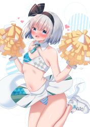 Rule 34 | 1girl, black hairband, blue archive, blue eyes, blue panties, blush, character name, cheerleader, cosplay, ghost, grey hair, hairband, heart, hibiki (blue archive), highres, holding, holding pom poms, konpaku youmu, konpaku youmu (ghost), looking at viewer, navel, open mouth, otowa (otoha4634), panties, pom pom (cheerleading), pom poms, shoes, short hair, skirt, sneakers, solo, striped clothes, striped panties, touhou, underwear, white background, white footwear, white panties, white skirt