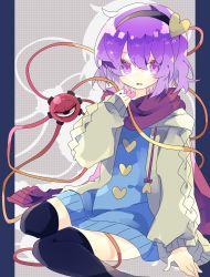 Rule 34 | 1girl, alternate costume, black headband, black thighhighs, blue dress, buttons, cardigan, casual, commentary, contemporary, dress, feet out of frame, hair between eyes, headband, heart button, highres, hood, komeiji satori, long sleeves, looking at viewer, nikorashi-ka, one-hour drawing challenge, pink eyes, pink hair, puffy sleeves, red scarf, scarf, short hair, sitting, solo, thighhighs, third eye, touhou, wariza, white cardigan