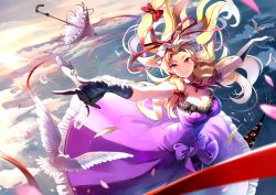 Rule 34 | 1girl, above clouds, adapted costume, arms up, bare shoulders, bird, black flower, black gloves, black rose, blonde hair, bow, breasts, choker, cleavage, cloud, commentary request, day, dress, emerane, feathers, floating hair, flower, forehead, gap (touhou), gloves, hair bow, hat, hat ribbon, high heels, large breasts, looking to the side, mob cap, outdoors, petals, petticoat, pointing, purple bow, purple dress, purple footwear, red bow, red choker, red eyes, red ribbon, ribbon, ribbon choker, rose, sidelocks, sky, smile, solo, strapless, strapless dress, touhou, water drop, white hat, yakumo yukari