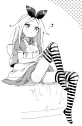 Rule 34 | 1girl, alice (moyori), blush, bow, bright pupils, closed mouth, fingernails, greyscale, hair bow, highres, large bow, long hair, monochrome, moyori, musical note, no shoes, original, panties, polka dot, puffy sleeves, sitting, smile, solo, striped clothes, striped thighhighs, thighhighs, underwear, white pupils