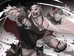 Rule 34 | 1boy, animal ears, arknights, bandaged hand, bandages, bara, black tank top, blood, chain, chain necklace, chinese commentary, clenched hands, commentary, fangs, formal, furry, furry male, highres, incoming attack, incoming punch, jewelry, large pectorals, male focus, mountain (arknights), multiple scars, necklace, open mouth, pants, pectorals, punching, scar, scar across eye, scar on arm, scar on face, spiked pauldrons, suit, tank top, tiger boy, tiger ears, tiger stripes, wball (ballballwolf), white pants, white suit