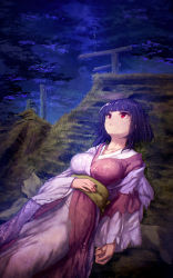 Rule 34 | 1girl, black hair, breasts, cloud, cloudy sky, floral print, ibuki notsu, japanese clothes, kimono, large breasts, lying, moss, obi, official art, on back, original, overgrown, red eyes, rooftop, ruins, sash, short hair, sky, solo, torii, torn clothes, torn kimono, torn sleeves