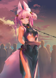 Rule 34 | 1girl, alle gro, animal ears, black gloves, bound, breasts, china dress, chinese clothes, cloud, collar, crowd, double bun, dress, fate/grand order, fate (series), fox ears, fox tail, gloves, hair bun, koyanskaya (chinese lostbelt outfit) (fate), koyanskaya (fate), large breasts, leash, metal collar, pink hair, restrained, solo, stocks, tail, tamamo (fate), torn clothes, underboob, yellow eyes