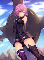 Rule 34 | 1girl, arm behind back, armor, armored dress, black gloves, black panties, blurry, blurry background, breasts, cloud, cloudy sky, cowboy shot, day, dduck kong, elbow gloves, fate/grand order, fate (series), gloves, hair over one eye, hand on own chest, highres, leg armor, light particles, looking at viewer, mash kyrielight, outdoors, panties, pantyshot, purple eyes, purple hair, shield, short hair, signature, sky, solo, standing, thigh strap, underwear