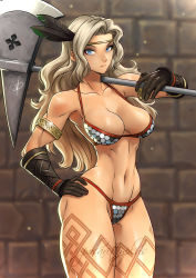 Rule 34 | 1girl, amazon (dragon&#039;s crown), armlet, armor, bikini armor, blonde hair, breasts, circlet, dragon&#039;s crown, feathers, female focus, gloves, halberd, large breasts, long hair, md5 mismatch, muscular, polarityplus, polearm, solo, tattoo, thighs, weapon