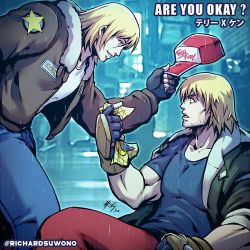 Rule 34 | 2boys, blonde hair, blue eyes, bomber jacket, capcom, capcom vs snk, commentary, english commentary, facial hair, fatal fury, fingerless gloves, garou: mark of the wolves, gloves, hat, holding, holding clothes, holding hat, jacket, ken masters, look-alike, looking at another, male focus, meme, multiple boys, rain, richard suwono, short hair, snk, street fighter, street fighter 6, stubble, terry bogard, the king of fighters, the king of fighters xv, trait connection, unworn hat, unworn headwear