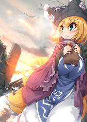 Rule 34 | 1girl, blonde hair, blush, breasts, eating, food, fox tail, green eyes, hat, highres, koha, large breasts, multiple tails, open mouth, short hair, snow, solo, sunset, sweet potato, tabard, tail, touhou, yakumo ran