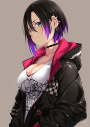 Rule 34 | 1girl, black choker, black hair, black jacket, breasts, brown background, choker, cleavage, collarbone, commentary request, dated, ear piercing, earrings, from side, green eyes, hair between eyes, highres, hood, hooded jacket, hoodie, jacket, jewelry, large breasts, looking at viewer, multicolored clothes, multicolored hair, multicolored jacket, original, piercing, pink jacket, purple hair, re lucy, resolution mismatch, shirt, short hair, signature, simple background, solo, source larger, two-sided fabric, two-sided jacket, two-tone hair, upper body, white shirt