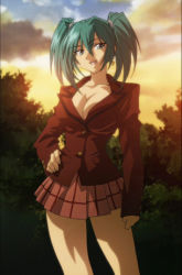 Rule 34 | 1girl, ahoge, aqua eyes, aqua hair, arm at side, bare legs, breasts, cleavage, cloud, collarbone, dark-skinned female, dark skin, earrings, eyebrows hidden by hair, eyes visible through hair, female focus, forest, hair between eyes, hand on own hip, ikkitousen, jacket, jewelry, large breasts, long sleeves, looking at viewer, lowres, matching hair/eyes, miniskirt, nature, neck, open mouth, outdoors, plaid, plaid skirt, pleated skirt, red jacket, red skirt, ryofu housen, short hair, short twintails, single earring, skirt, sky, sleeves past wrists, smile, solo, standing, sunset, thick thighs, thighs, twintails